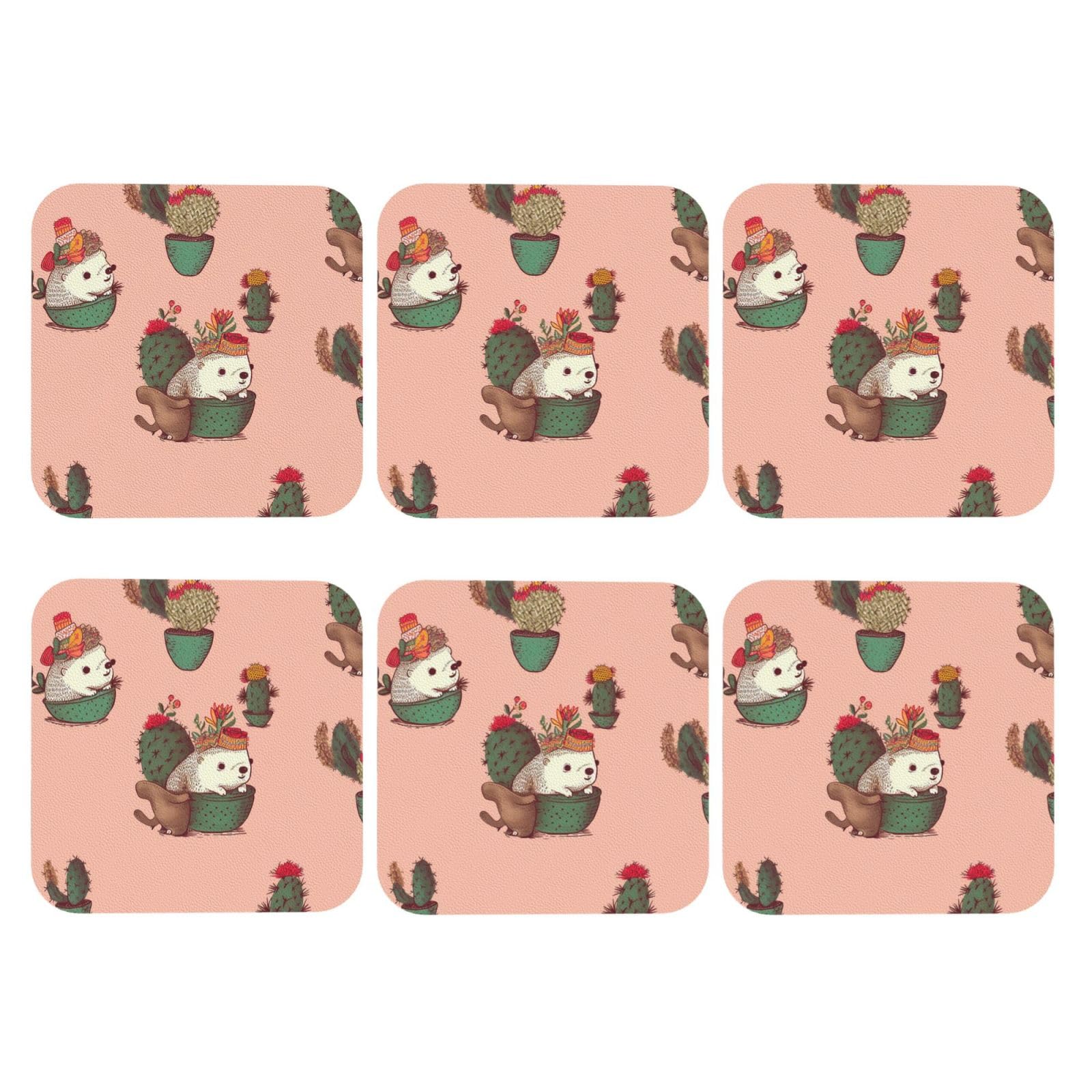 6pcs Leather Coasters for Drinks, Hedgehog and Cactus Drink Coasters for Tabletop Protection, 4" Cup Coasters for Coffee Table Decor, Non-Slip Drinking Cup Mat for Hot Or Cold Drink