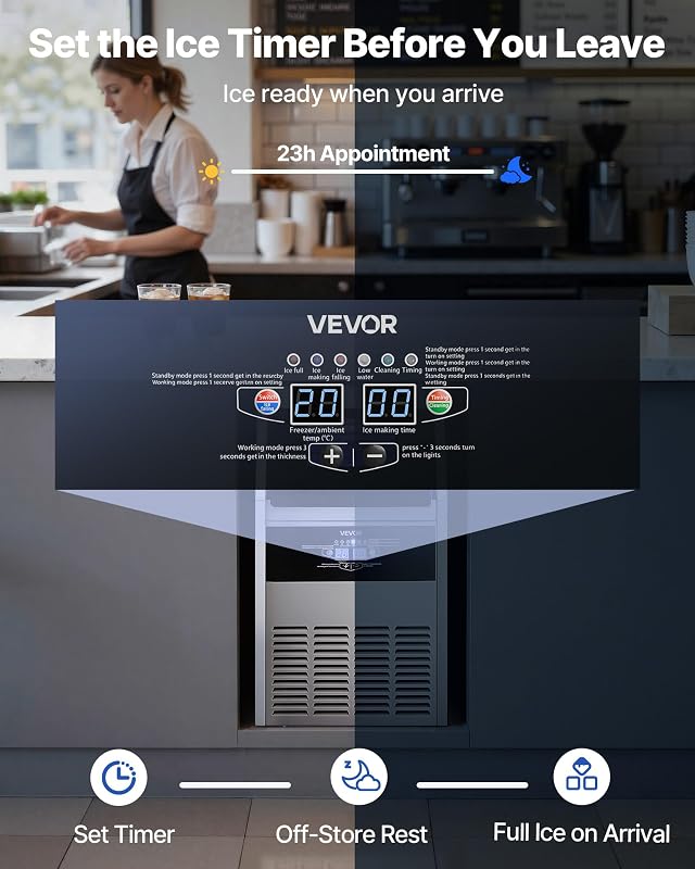 VEVOR Commercial Ice Maker Machine, 130 lbs/24h with 16-30 lbs Storage Capacity, Built-in/Freestanding/Under Counter, Stainless Steel Ice Maker with LED Display & Self-Cleaning, Home Bar Restaurant image 5