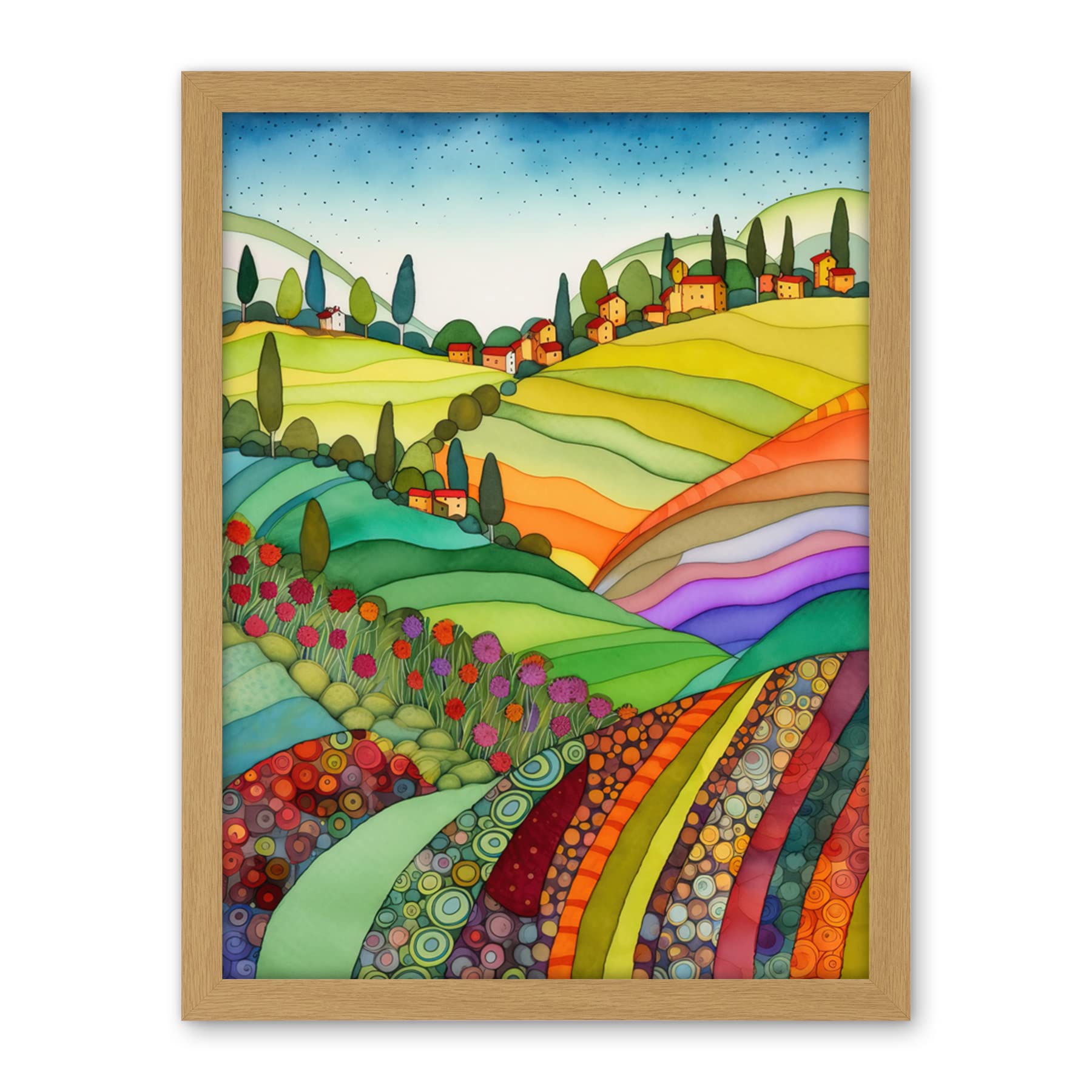 Artery8 Abstract Tuscany Hills Landscape Folk Art Artwork Framed Wall Art Print 18X24 Inch