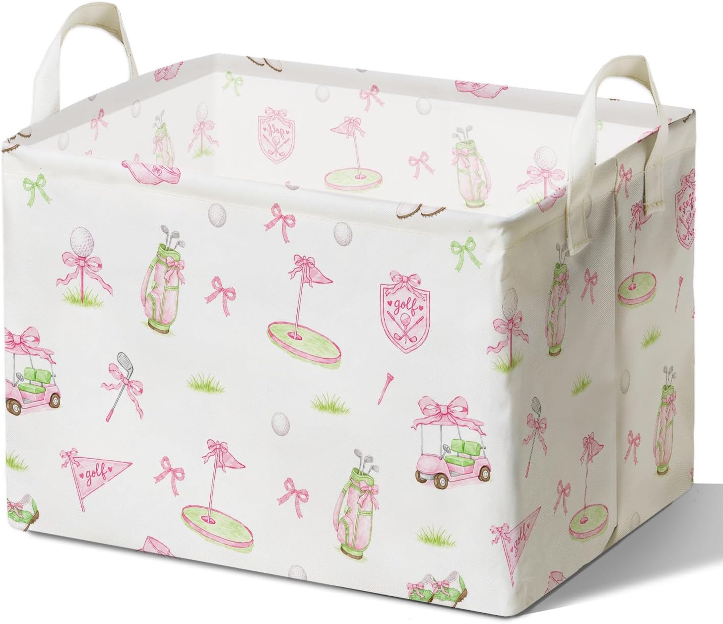 Pink Bow Storage Basket with Handles, Golf Stylish Birthday Gift for Girls, Canvas Golf Clubs Organizer, Elegant Pink Bow Party Decor, White Waterproof Foldable Laundry Bin for Bedroom Bathroom