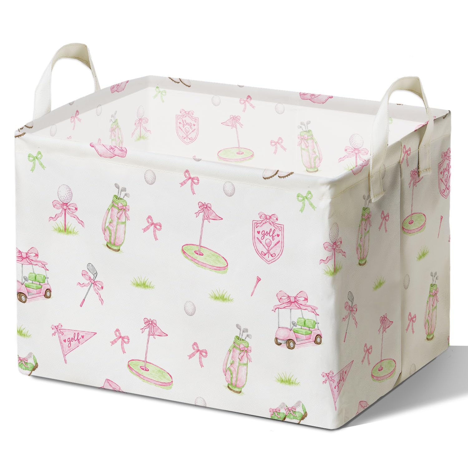 Pink Bow Storage Basket with Handles, Golf Stylish Birthday Gift for Girls, Canvas Golf Clubs Organizer, Elegant Pink Bow Party Decor, White Waterproof Foldable Laundry Bin for Bedroom Bathroom