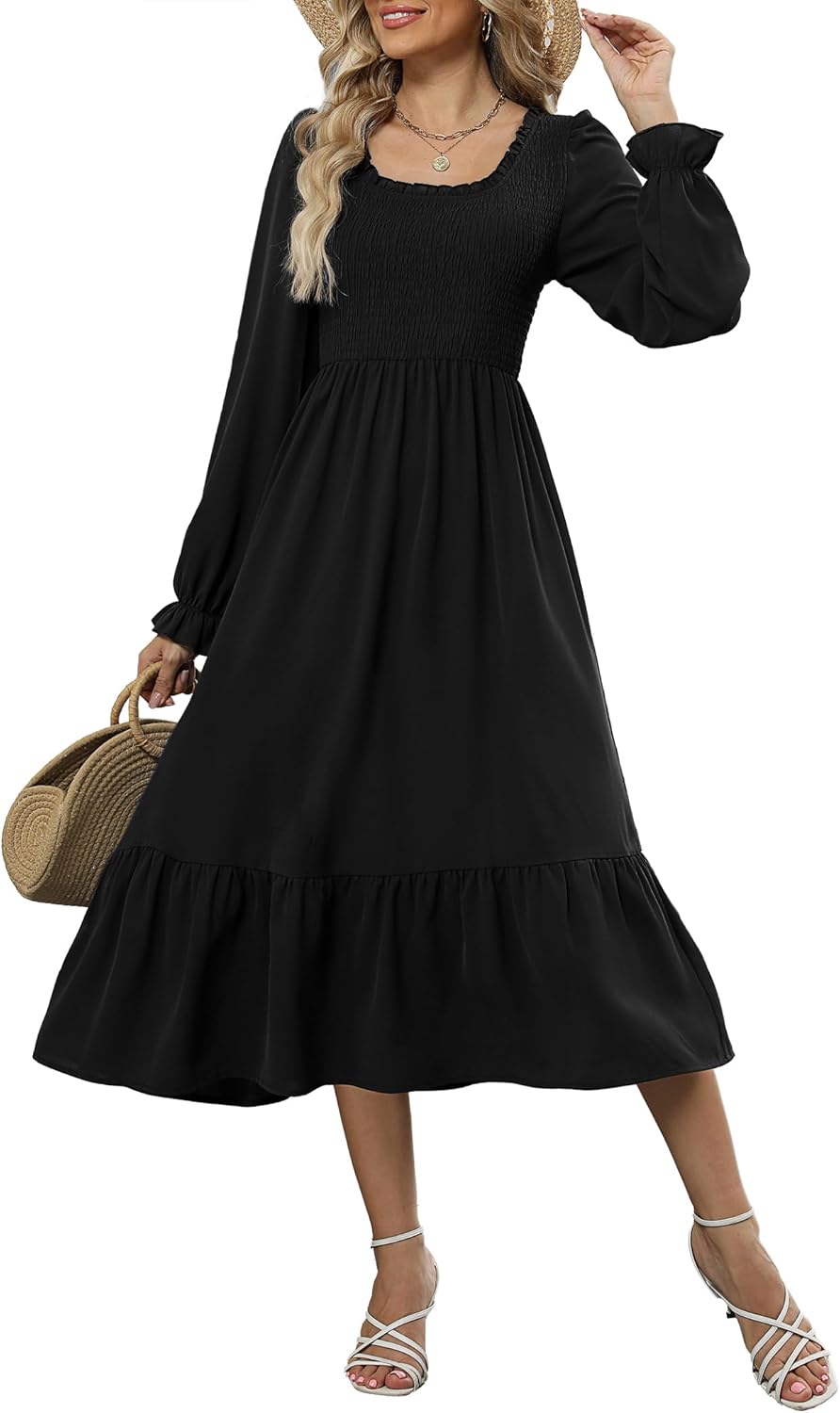 ZAFUL Womens 2025 Fall Square Neck Smocked Dresses Long Puff Sleeve Casual Flowy A Line Tiered Midi Dress Black Medium
