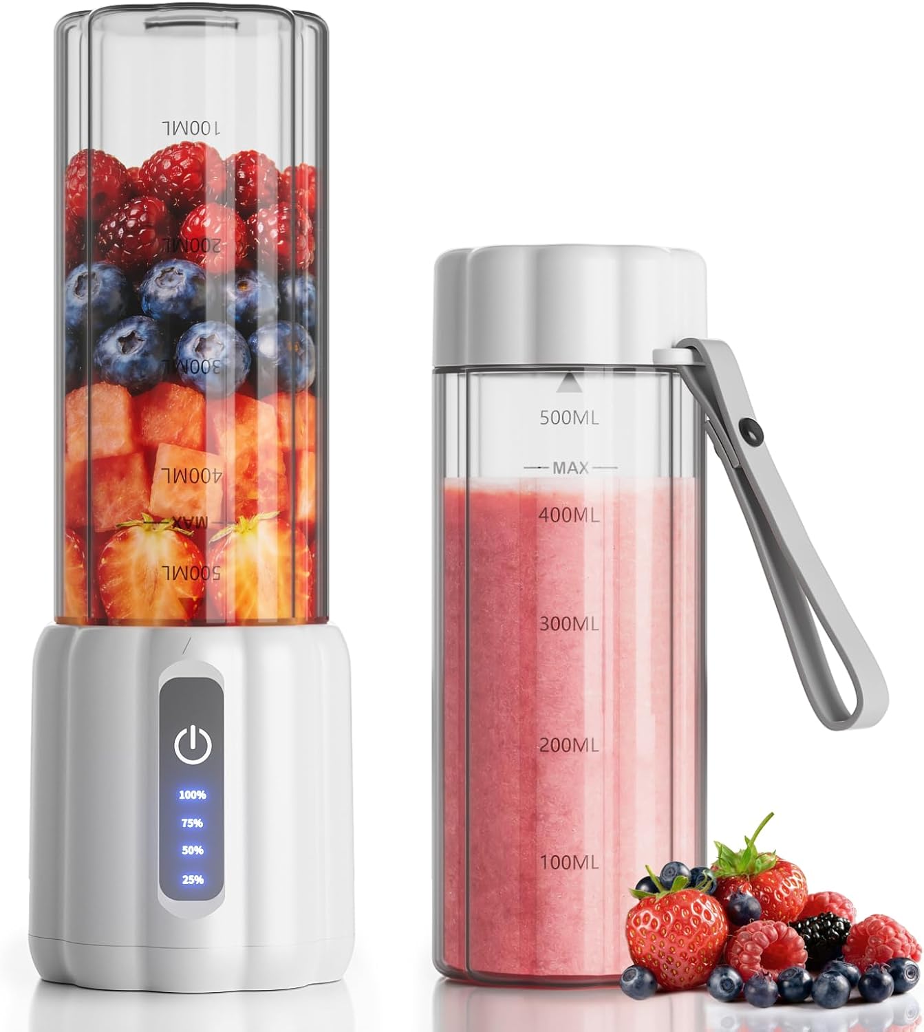 Portable Blender, 17 Oz Personal Blender for Smoothies and Shakes, Small Juice Mixer with LED Display, USB C Rechargeable Shake Maker with 6 Blades for Kitchen, Outdoor, Gym, White