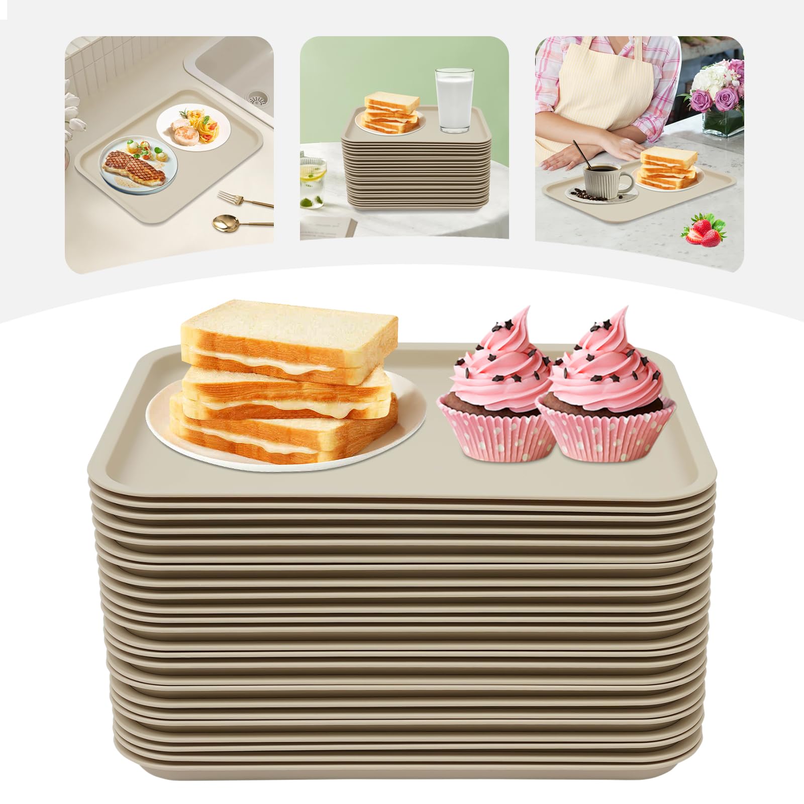 Bandeja para servir (36 x 27 cm, color caqui, bandejas rectangulares | 24 piezas, 36 x 27 cm, PP, caqui, antideslizante, apilable, microondas, lavavajillas, para cantina y comida rápida