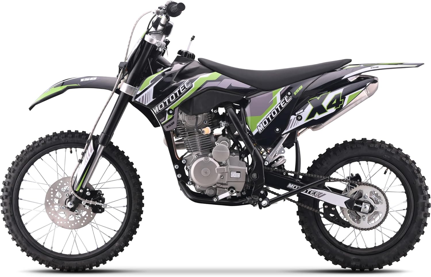 Side view of the MotoTec X4 150cc Dirt Bike, showing the seat, engine, and wheels.