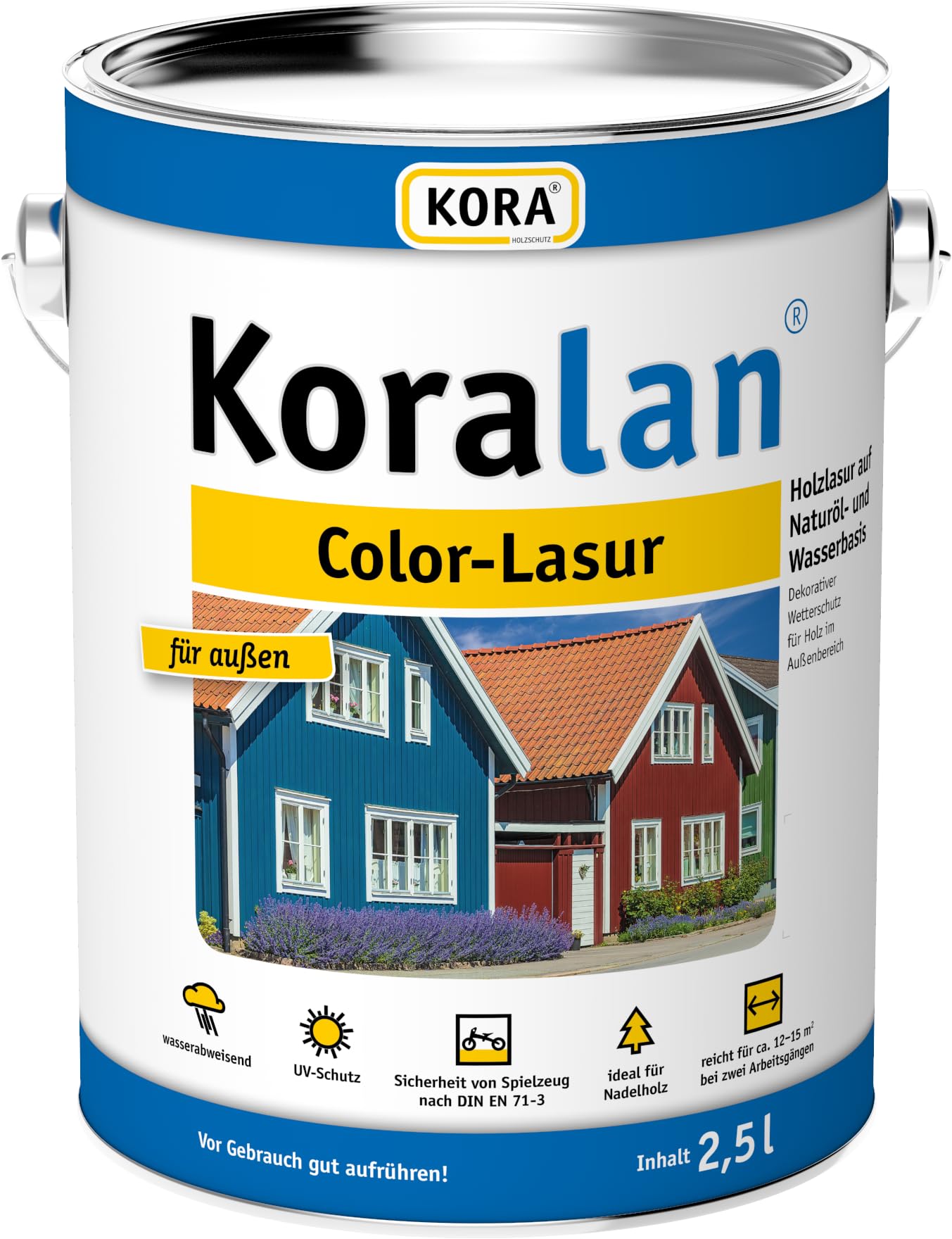 KORA® Koralan® Color-Lasur für Holz im Außenbereich, wetterfeste Holzlasur auf Naturöl- und Wasserbasis, schützt vor Witterungseinflüssen, ideal für Holz im Garten (Schwedenrot, 2,5 Liter)