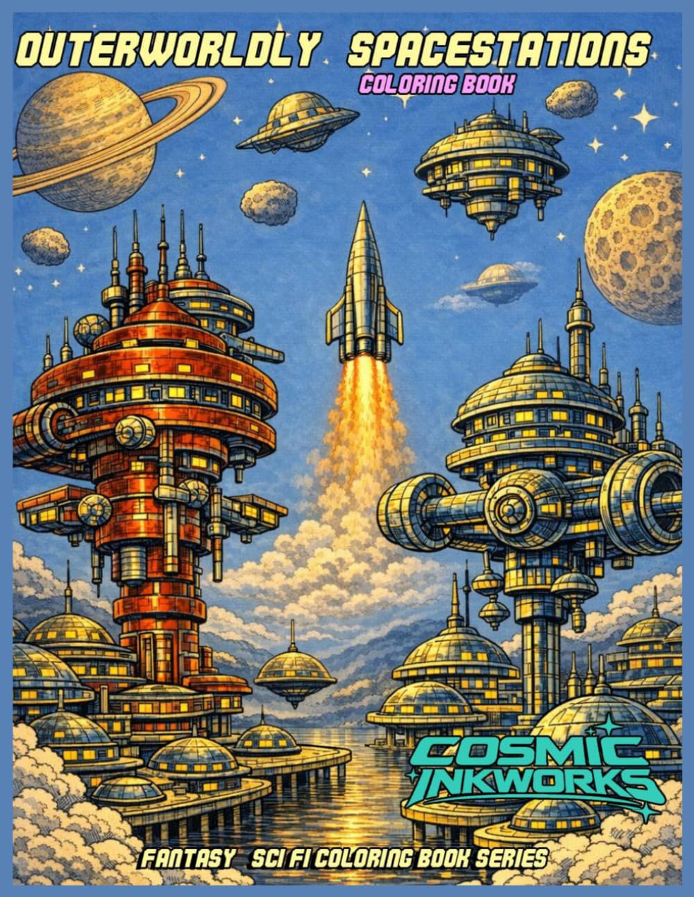 Outerworldly Spacestations: a sci-fi fantasy coloring book for adults