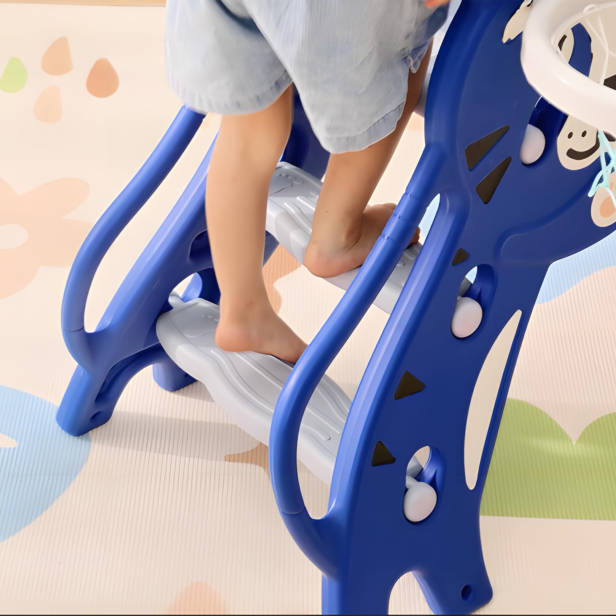 AIYAPLAY Toboggan pour Enfants, Toboggan intérieur pour Enfants, avec Un Panier de Basket, thème Tigre, de 18 à 36 Mois, jusqu'à 25 kg, 133L x 60l x 70H cm, Bleu