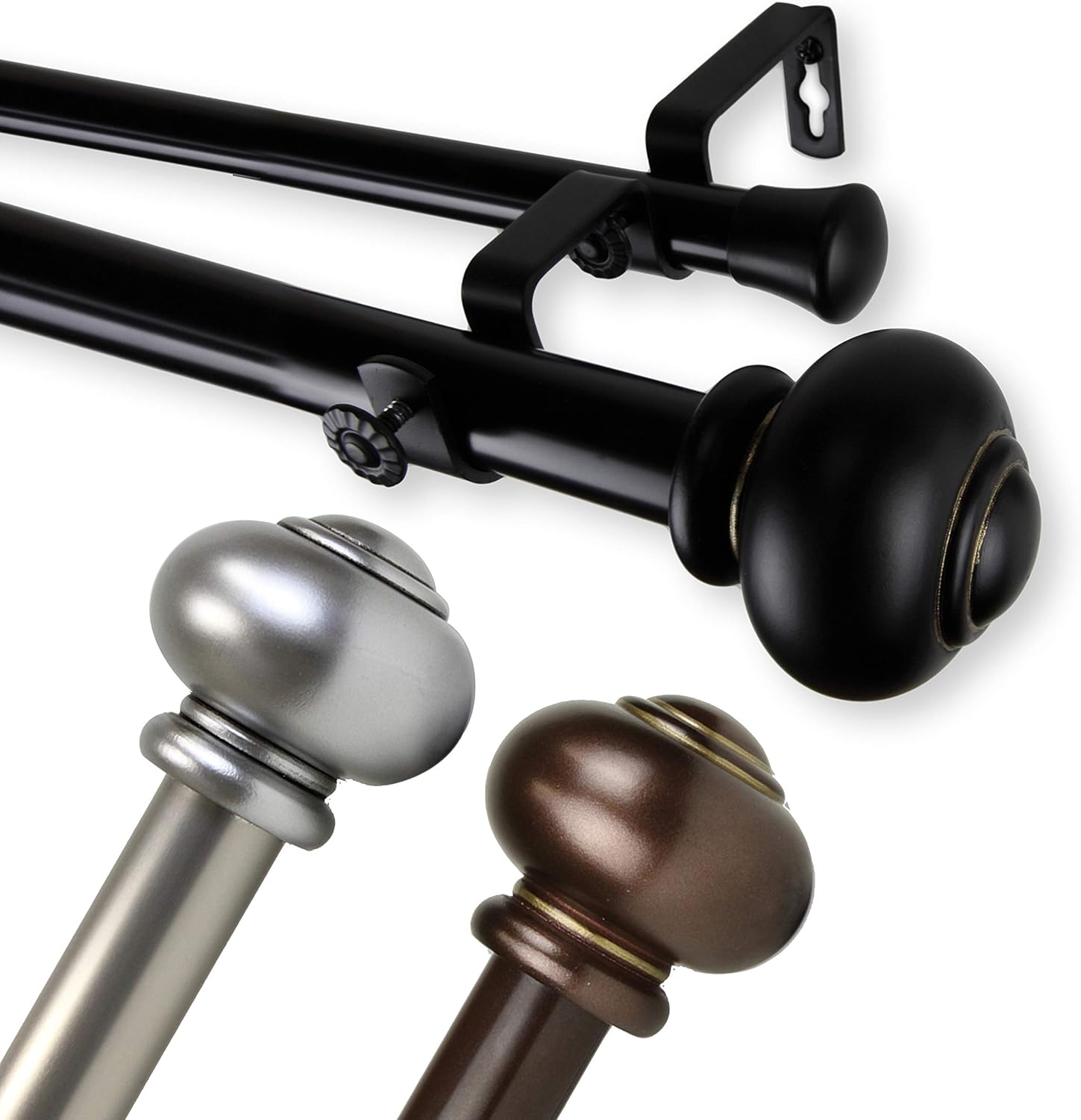 Carre 1" Double Curtain Rod 28-48 inch - Black