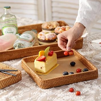 Rattan Serving Tray,Rectangle Woven Tray,Natural Wicker Rattan Woven Basket,Countertop Decorative Wicker Plate for Depositing Fruit Vegetables Drink Snacks Breakfast (M)