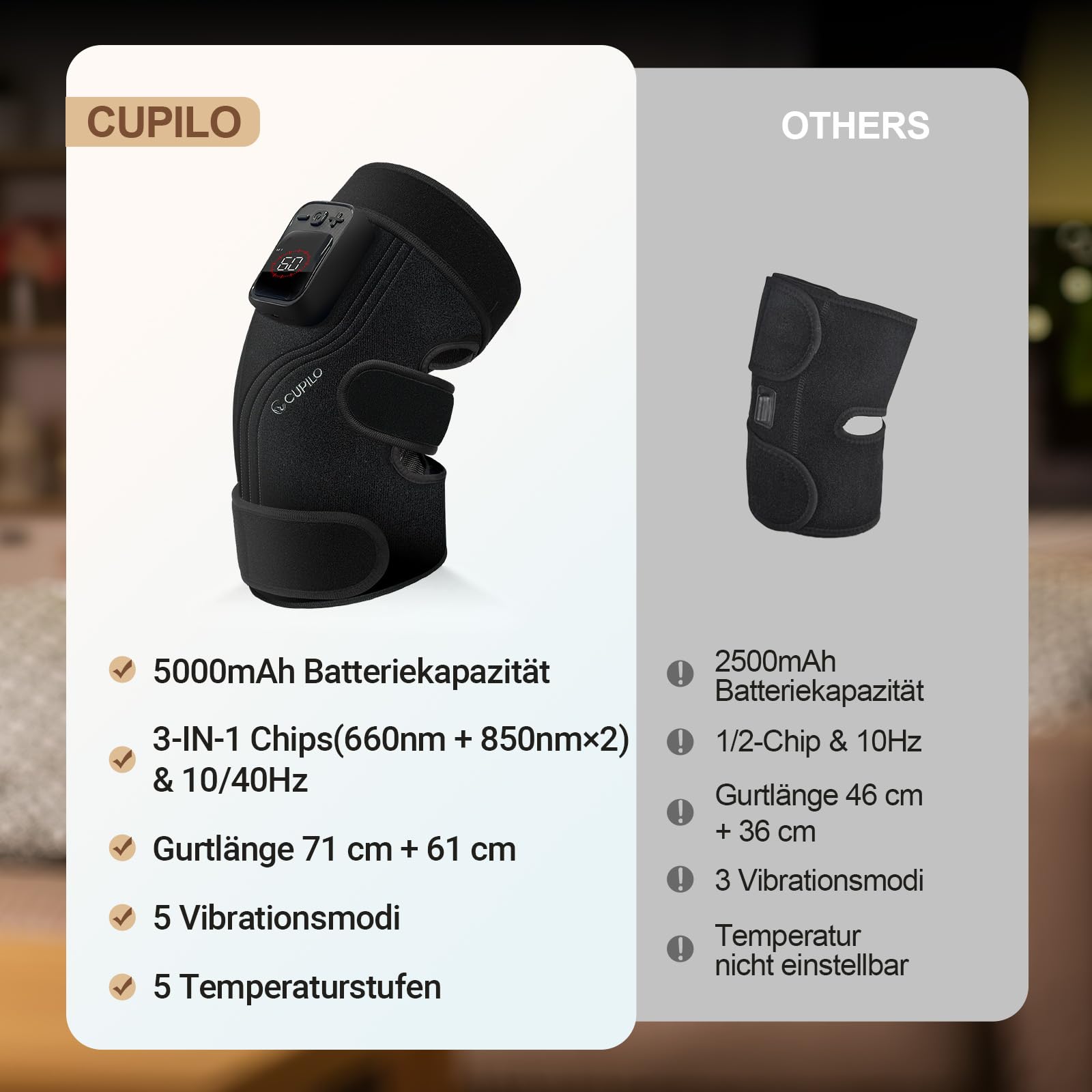CuPiLo Kniemassagegerät mit Wärme, Kabellose Kniebandage mit Rotlicht | 5 Lichtmodi, 5 Vibrationsmodi, 5 Wärmestufen, 70 LEDs, 660 nm & 850 nm für Knie und Ellenbogen