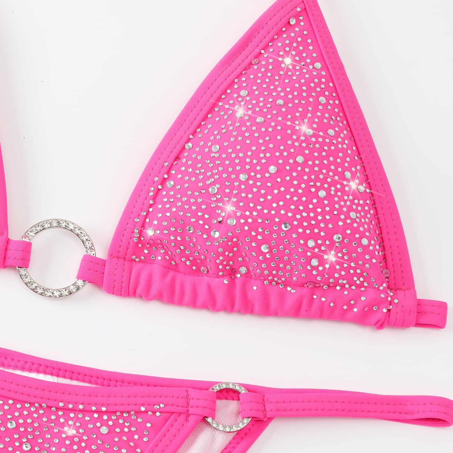 Women's Sparkly Rhinestone Halter Triangle O Ring Top String Thong High Cut Bottom 2 Pieces Bikini Swimsuit Set - Image 7