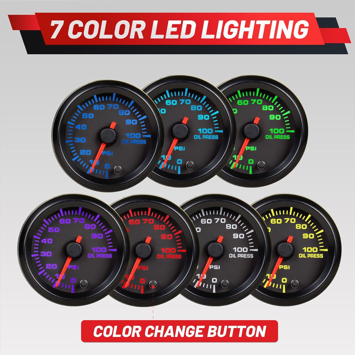 Oil Pressure Gauge Kit 7 Color 100 PSI Upgraded 2-1/16" 52mm Includes Electronic Sensor & Wiring for Car Truck