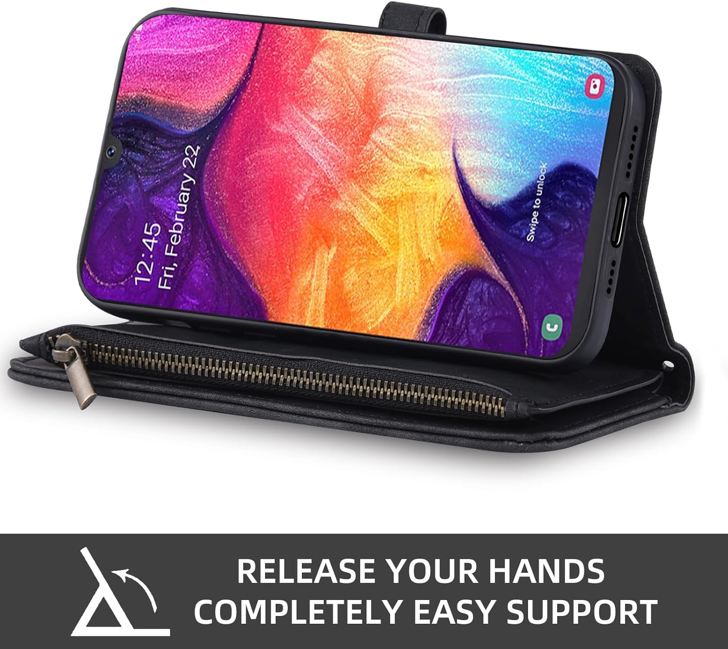 Phone Case for Samsung Galaxy A50 A50S A30S Wallet Cover With Screen Protector and Crossbody Wrist Strap Leather Flip Pattern Zipper Credit Card Holder Stand Cell A 50 50S 30S S50 50A SM A505G Black