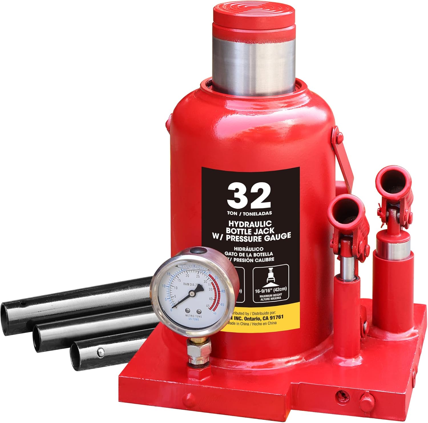 BIG RED 32 Ton (64,000 LBs) Torin Heavy Duty Professional Double Piston Car Bottle Jack with Gauge for Construction Stabilization, Red, ATH932001BR