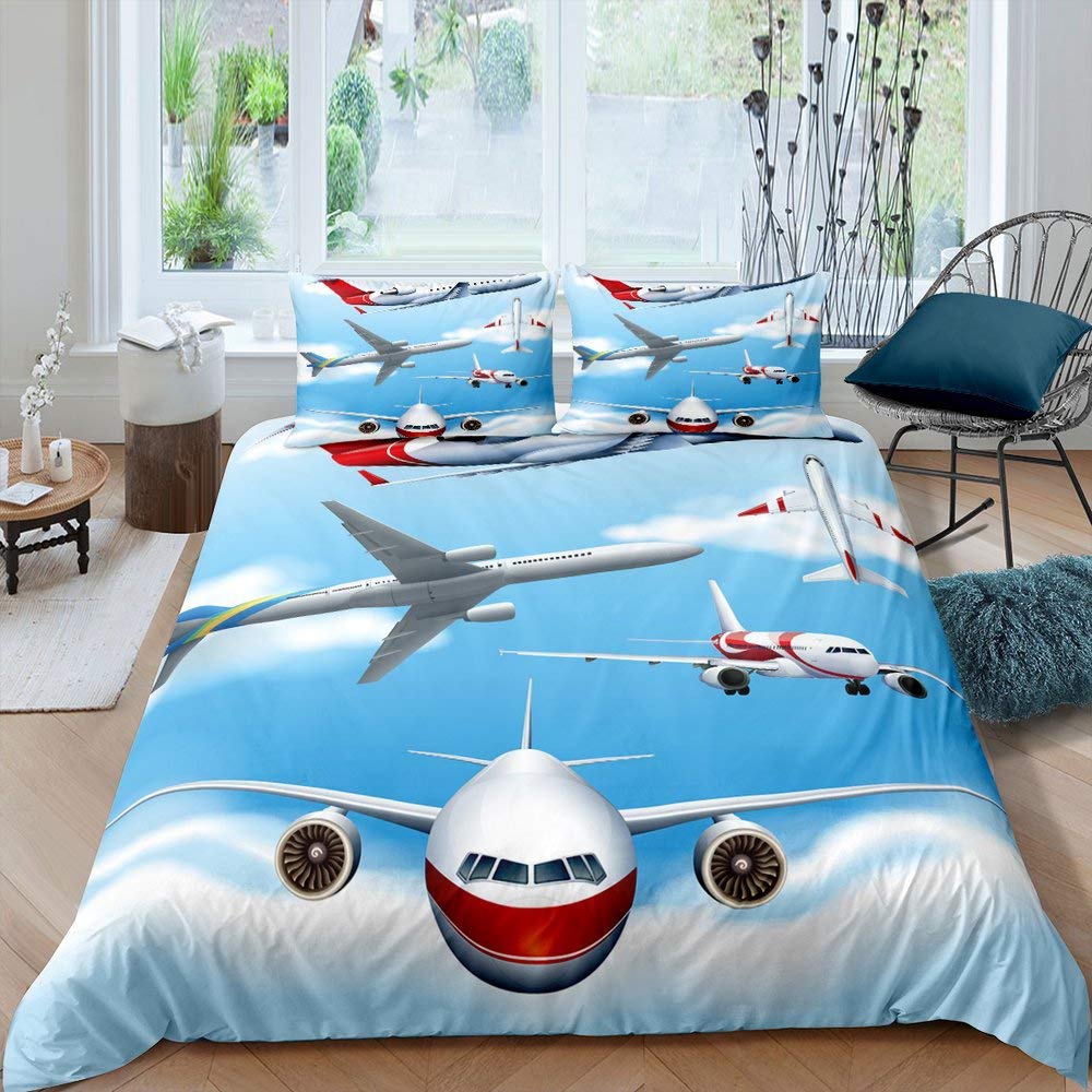 Homewish Flugzeug Bettwäsche 135x200 Luftfahrt Flugzeug Tröster Abdeckung für Kinder Jungen Jugendliche Männer Cartoon Luftfahrzeug Bettbezug Flying In Thesky Schlafzimmer Dekor mit 1 Kissenbezug