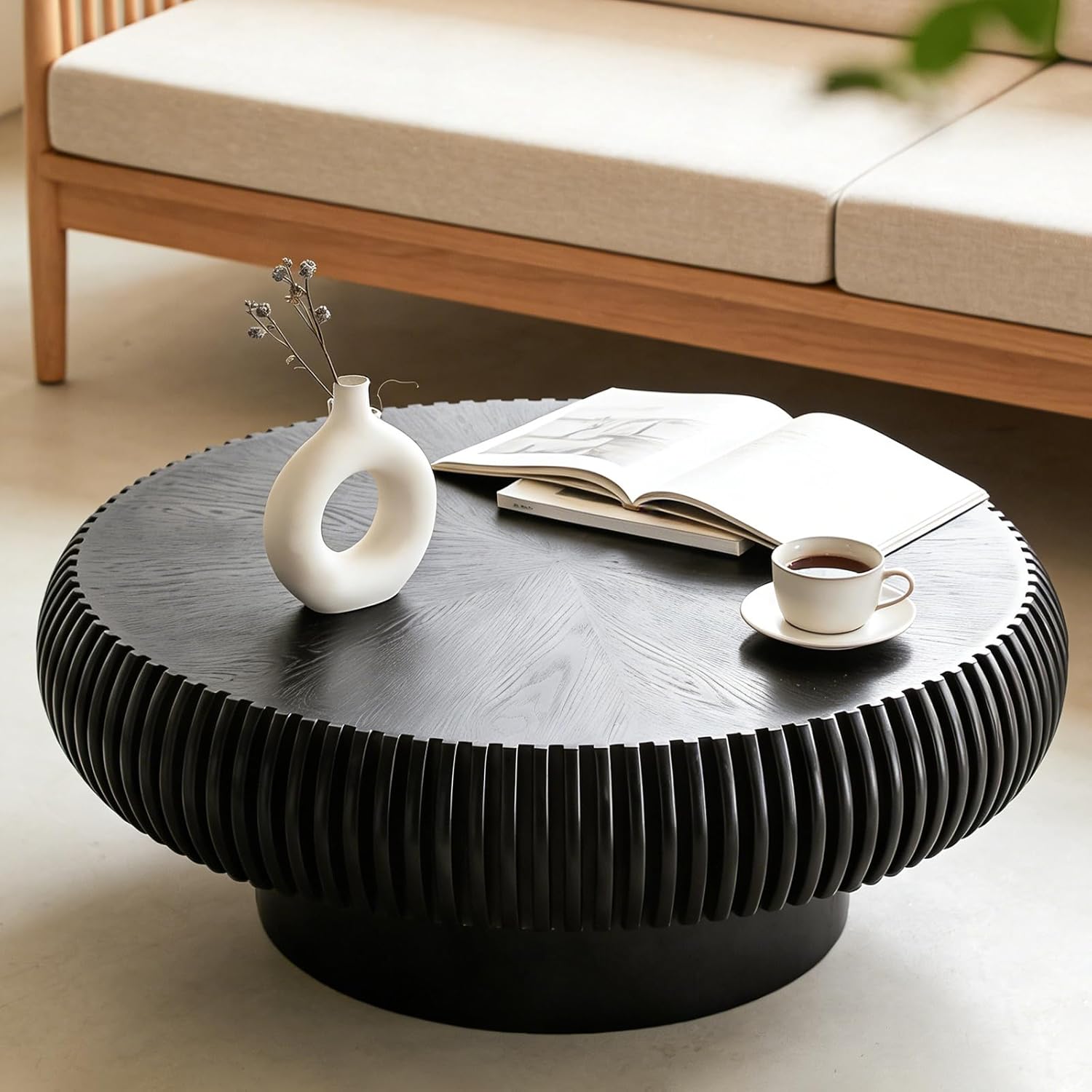 Brown Round Coffee Table for Living Room Round Fluted Drum Coffee Table Modern Fluted Coffee Tables for Living Room (Brown, 39.3 inch)