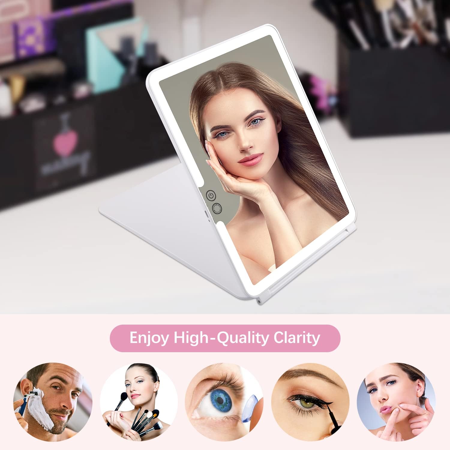 KDKD Folding Travel Mirror Lighted Makeup Mirror with 72 LEDs 3 Colors Light Modes USB Rechargable 2000mA Batteries Ultra Thin Compact Vanity Mirror with Touch Screen Dimming for Cosmetic Black