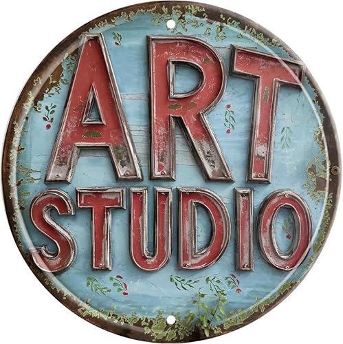Letrero de metal rústico para estudio de arte de 8 x 8 pulgadas, decoración de pared redonda vintage con azul y rojo para oficina, bar, cafetería,