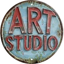 Rustic Art Studio Metal Tin Sign 8x8 In Vintage Round Wall Decor with Blue & Red for Office Bar Cafe Garage Bathroom Bedroom Decor