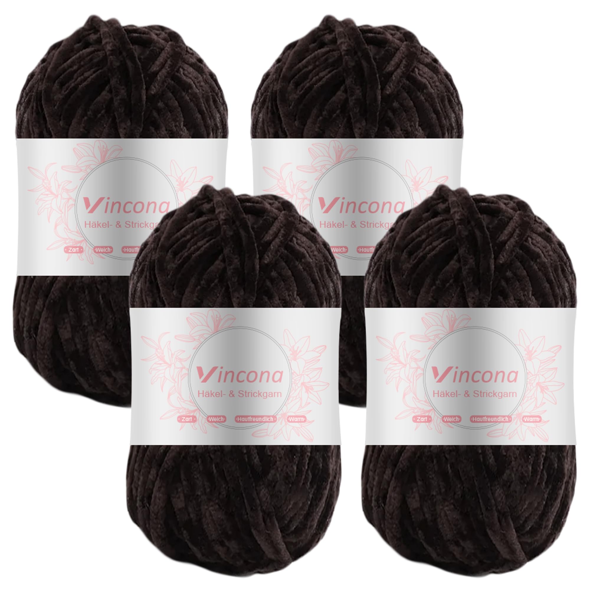 Vincona 4 x 100g Chenille Wolle zum Häkeln - Kuschelig und hautfreundlich，Garn zum Stricken und Häkeln