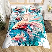 Vista 18 de Betta Fish - Juego de funda de edredón de peces tropicales, acuarela, animales marinos, algas marinas, coral submarino, vida marina (sin relleno)