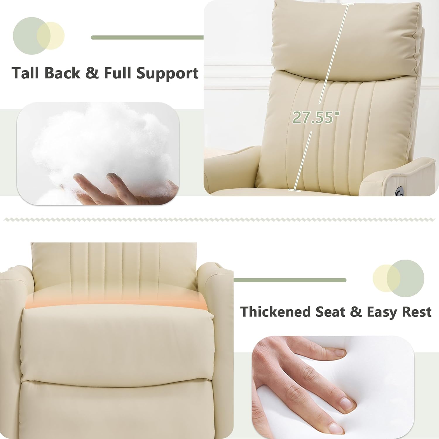cinkehome Swivel Rocker Recliner, Glider Rocker Recliner Chair for Nursery, Manual Reclining Chair with Heated Massage, Small Spaces, Living Room, Faux Leather Beige
