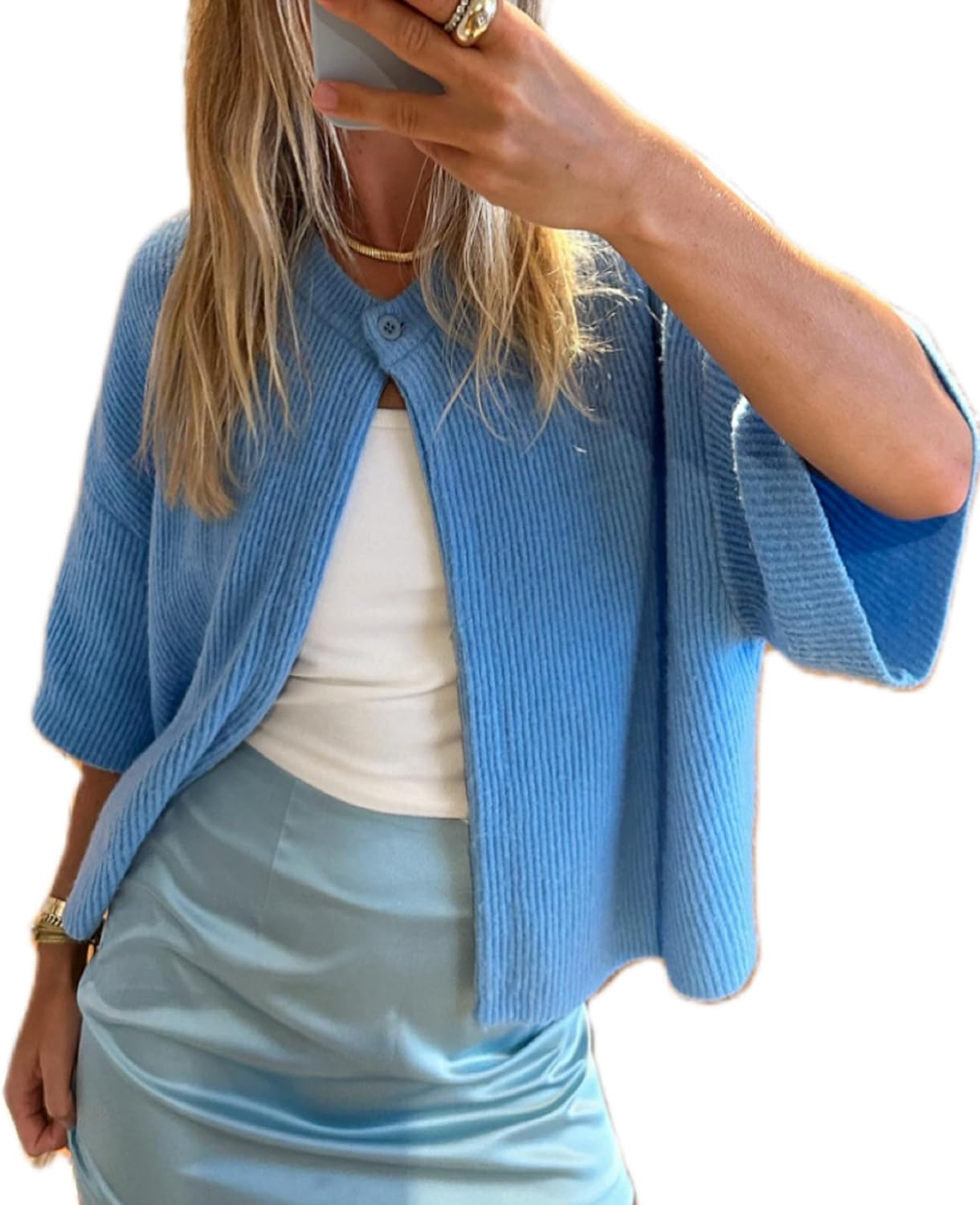 KMBANGI Women Knitted Cropped Blouse Short Sleeve Button Knit Shirt Crop Cardigan Y2k Open Front Knitwear Tops Dressy