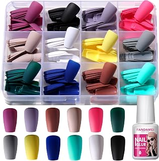 FANDAMEI Press on Nails Short Square, 12 Packs 288PCS Acrylic Matte Square Fake Nails Full Cover Medium Length, Glue on Nails with 10g Nail Tips Glue, 12 Solid Color False Nails for Nail Art DIY