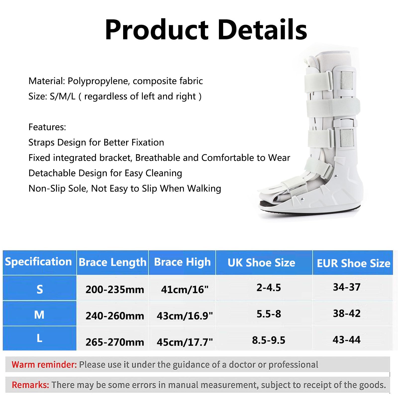 HAILM Bota Ortopédica para Caminar, Soporte para Andador, Compresión Ajustable, para Fracturas Pie y Tobillo, Esguinces, Lesiones Bota Ortopédica (Blanca),M
