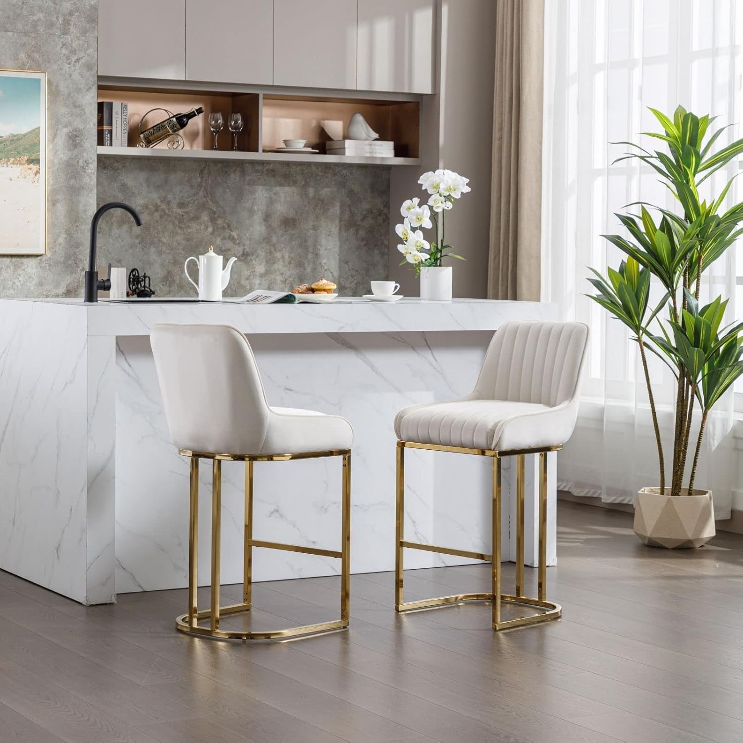 ROCITY Velvet Counter Stools with Gold Legs Beige Counter Height Bar Stools Set of 4 Modern Upholstered Kitchen Island Chairs with Back 26 Inch