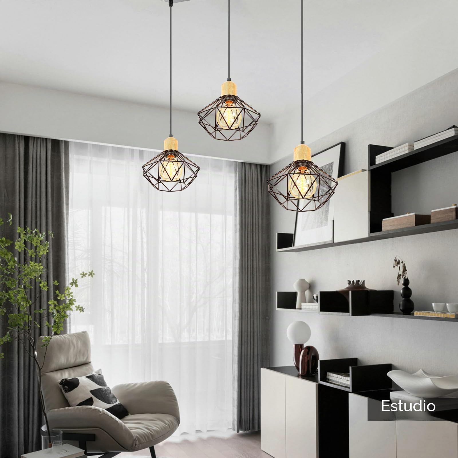 Lampara Colgante 3 Luces Vintage Lámpara de Techo E27 Industrial Iluminación de Techo de Interior en Madera y Hierro16CM Diseño de Jaula Negro para Comedor Cocina (una barra-50 cm)