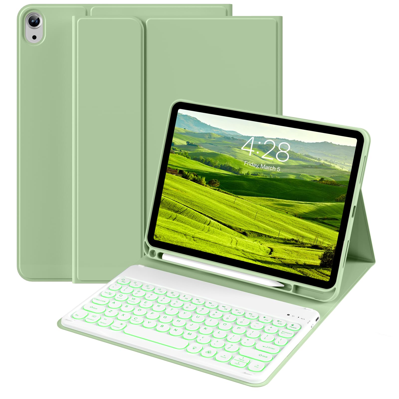 BQDIYOO for iPad 11th 10th Generation Case with Keyboard 2025 2022, 11 inch A16/10.9" 7 Color Backlit Wireless Detachable Keyboard Case with Pencil