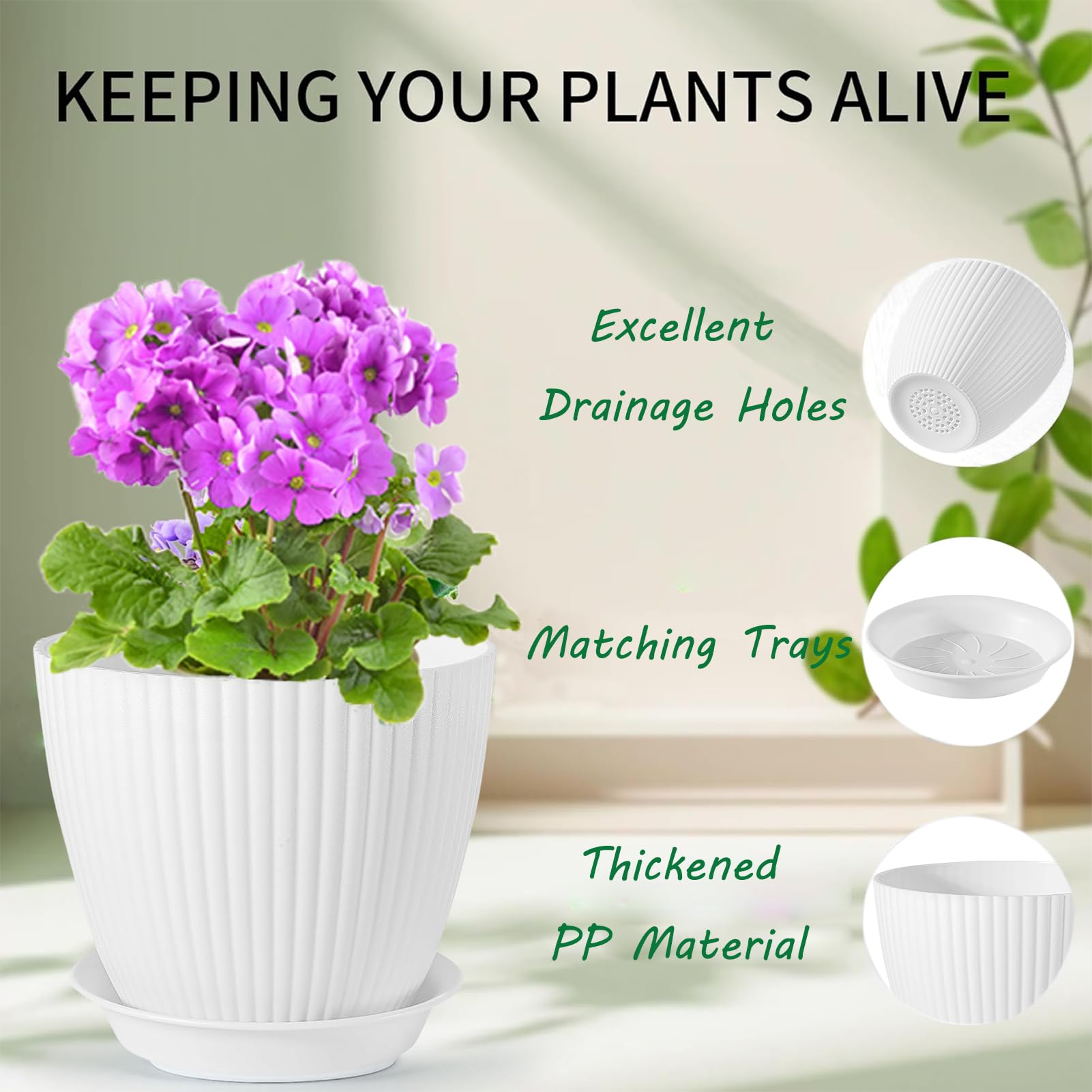 PROFIKLA 18/15/14/13/11.5cm Plastic Plant Pots, Pack of 5 Flower Pots, Plant Pots with Drainage Holes and Saucers - Image 3