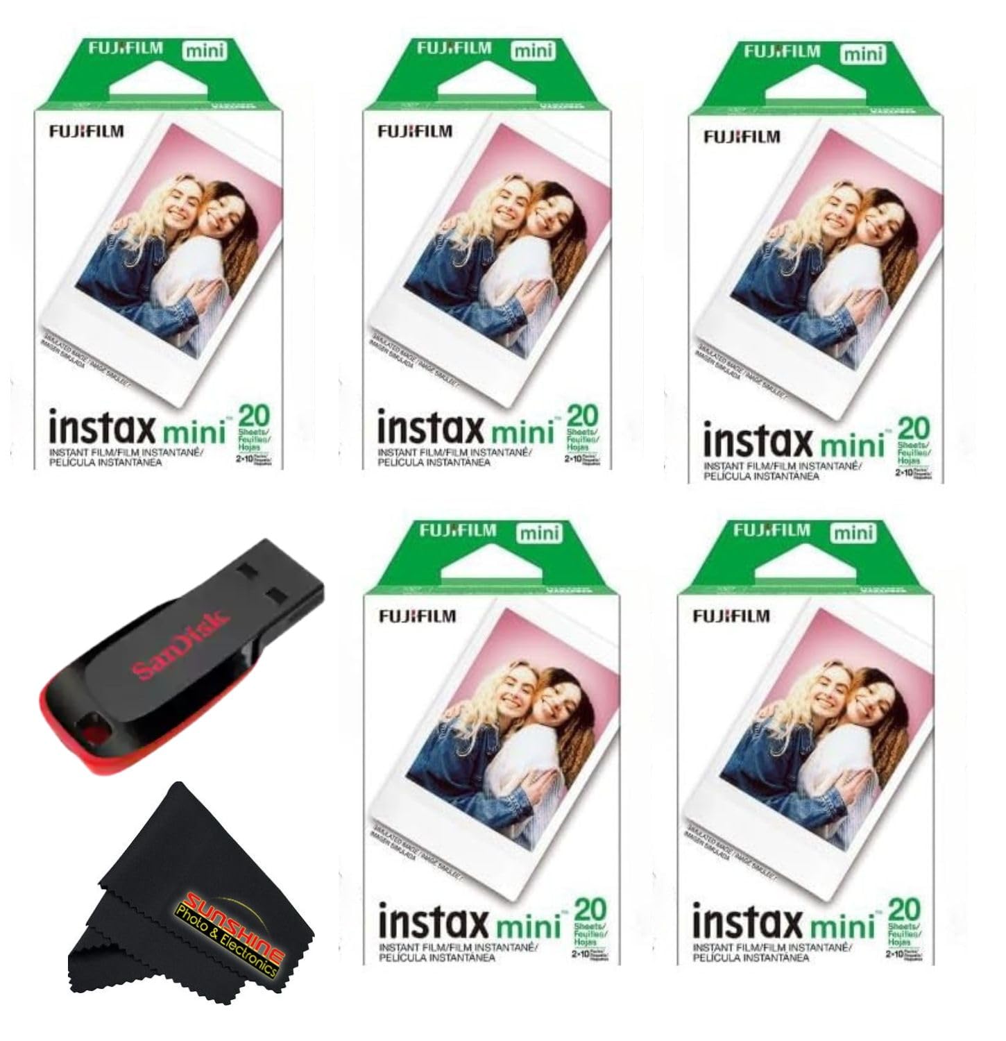 Fujifilm Instax mini Instant Daylight Film (Twin Packs + 32 GB USB Flash Drive) with Sunshine Photo Microfiber Cleaning Cloth... (5 Twin Packs + 32 GB USB Drive)