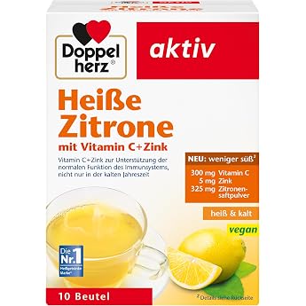 Double Heart Hot Lemon - Vitamin C and Zinc to Support Normal Function of the Immune System - Hot and Cold - Vegan - 10 Bags