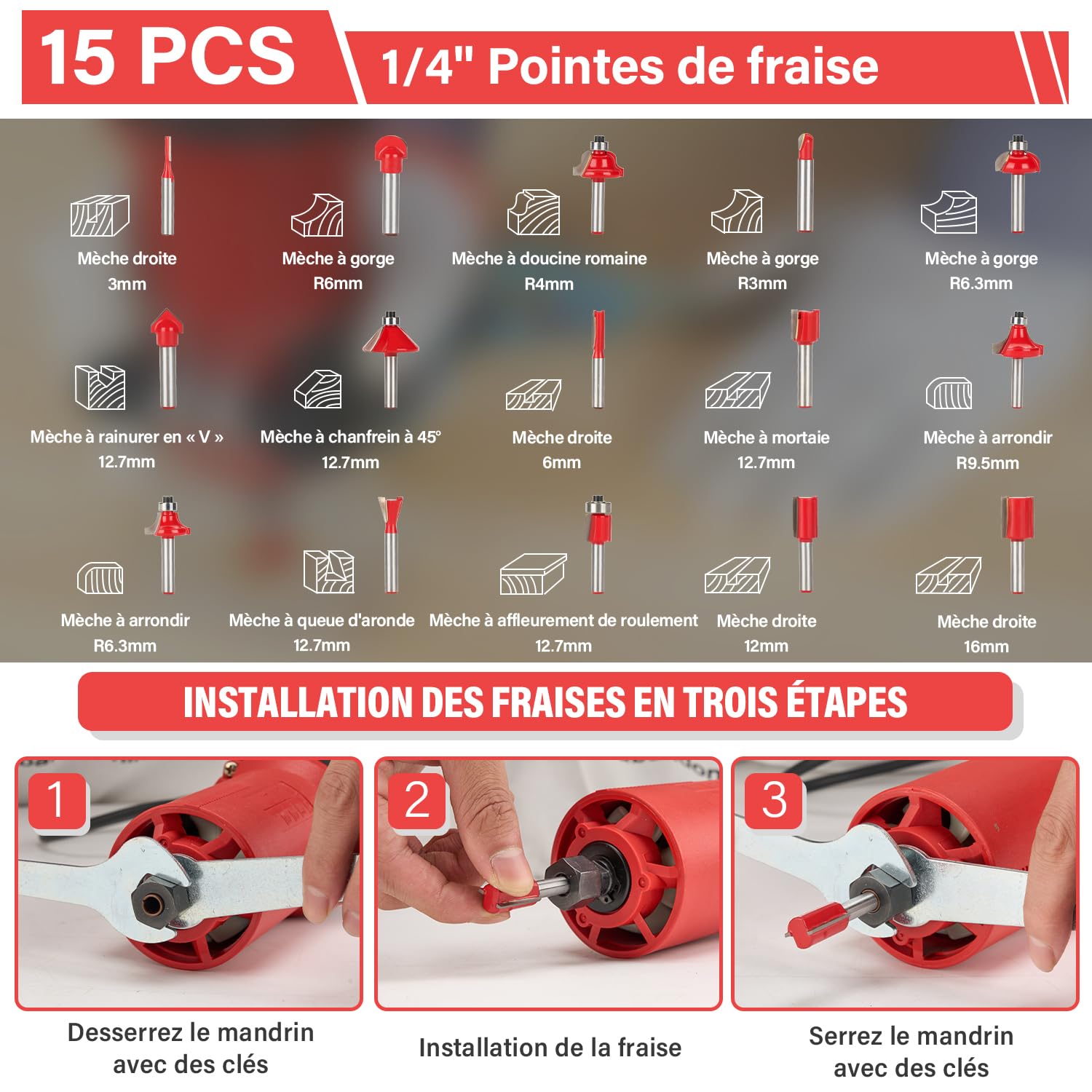 Affleureuse à Bois Défonceuse Électrique 800W 31000 RPM Avec Housse Anti Poussière,TEENO à Bois Défonceuse Affleureuse,15 Fraises à Défoncer Queue de 1/4",2 Pinces de 6/6.35mm,Pour Travail du bois