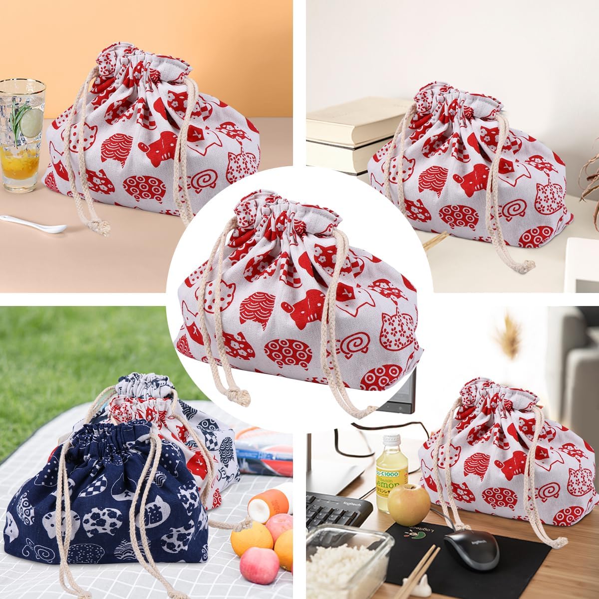 TOYANDONA Bento Box Drawstring Lunch Bag Double-Layer Thickened Japanese Style Bento Tote Pouch Candy Holder Pack for Home Wedding Birthday Party Red Anime Lunch Box - Image 7