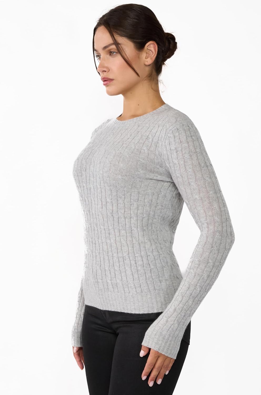 JENNIE LIU Women's 100% Cashmere Cable-Knit Long Sleeve Pullover Crew Neck Sweater - Image 2
