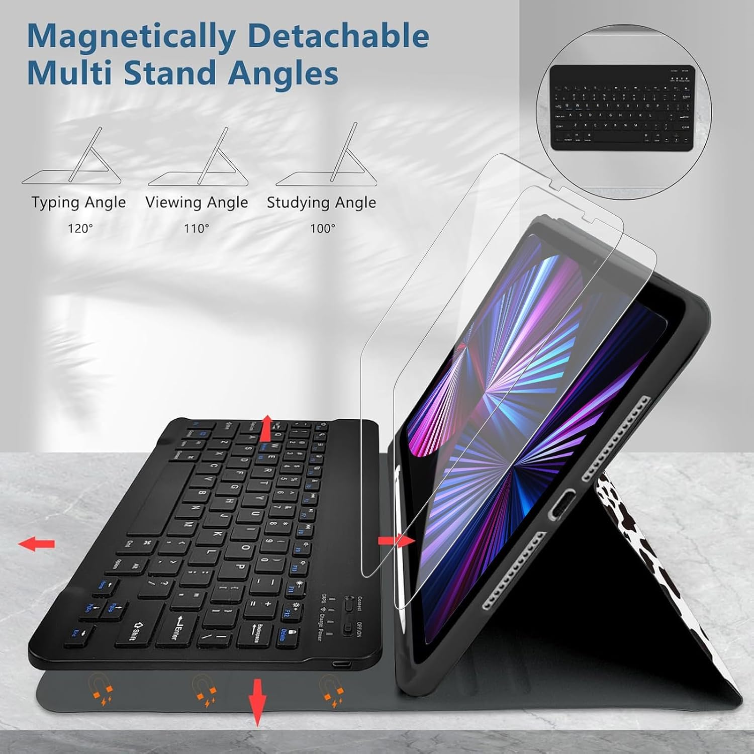 for iPad Pro 11" 4th/3rd/2nd/1st Gen (2022/2021/2020/2018) Bluetooth Keyboard Case with Screen Protector 2 Pack 9H Hardness Tempered Glass, Detachable, with Pencil Holde-Notebook Cow Black