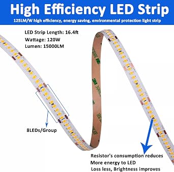 JOYLIT PRO+ 24V Warm White LED Strip 3000K 16.4FT 975LM/FT Ultra Bright | CE UL, CRI 92+, Flicker-Free Dimmable, 224 LEDs/M 2835 SMD, 7.3W/FT, Cuttable, Self-adhesive,for Bedroom, Office(Lights Only)
