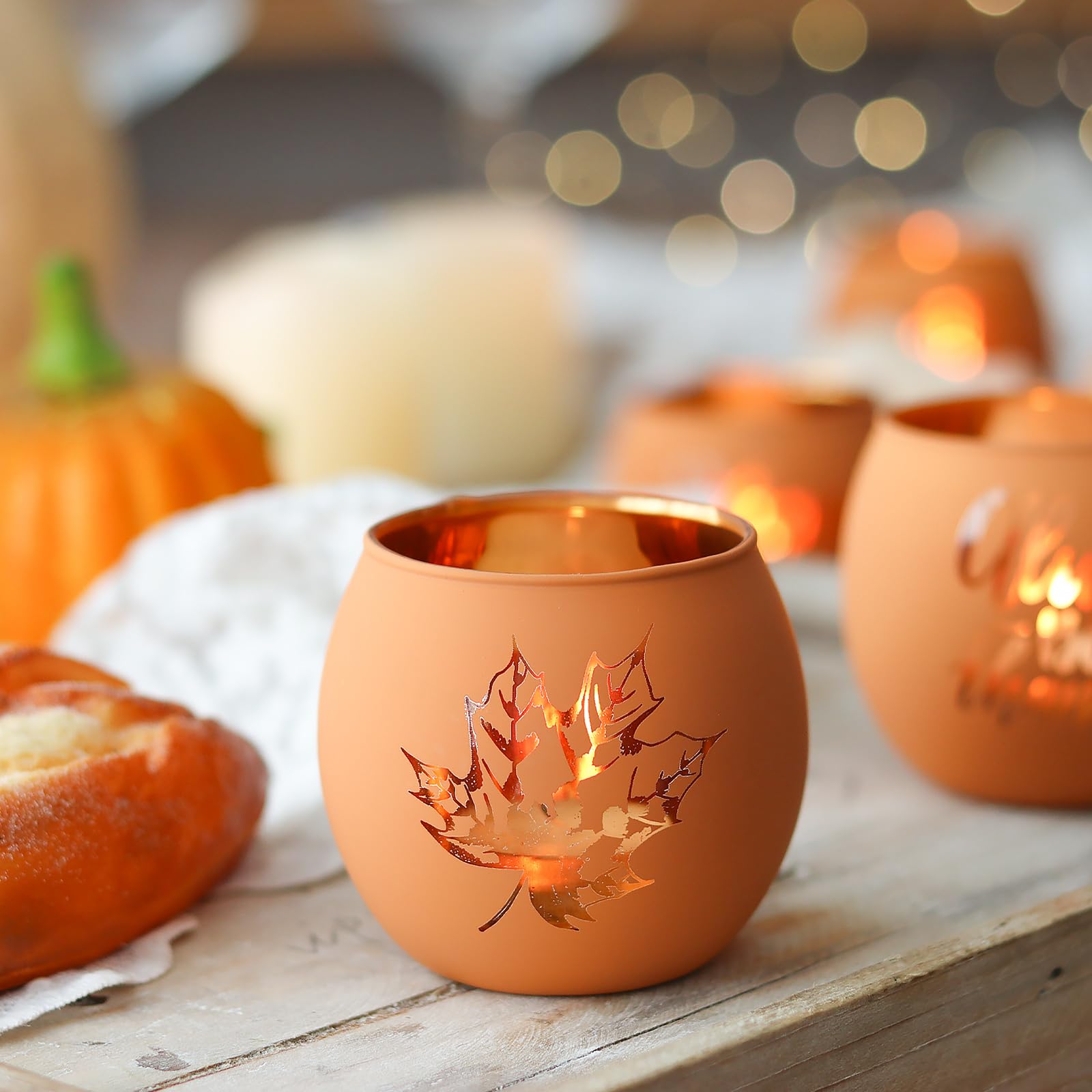 WDHODEC Portavelas de Acción de Gracias, 6 piezas de cristal de calabaza naranja para otoño, boda, fiesta, centro de mesa, decoración de Acción de Gracias, decoración de interiores y exteriores