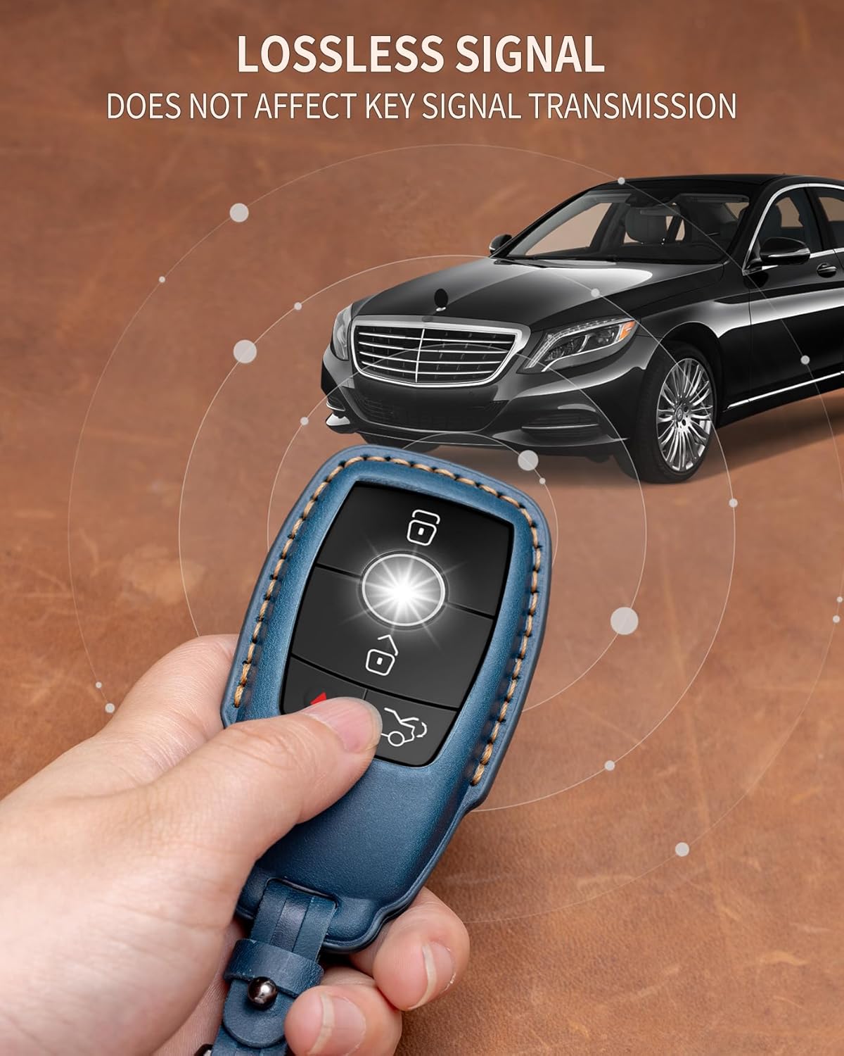 for Mercedes Benz Key Fob Cover Leather Key Case Keychain Compatible for 2019-2021 A-Class C-Class G-Class 2017-2021 E-Class S-Class -Blue - Image 3
