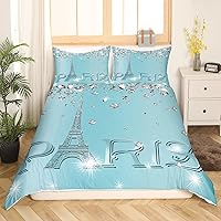 Vista 21 de Erosebridal Juego de ropa de cama de París con purpurina, funda de edredón de torre Eiffel para niñas, funda de edredón suave de diamantes