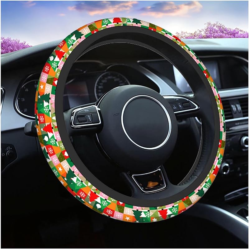 Capa para Volante Swono Winter Christmas em Neoprene com Estampa Geométrica, Árvores de Natal, Bolas e Flocos de Neve, 38,1 cm