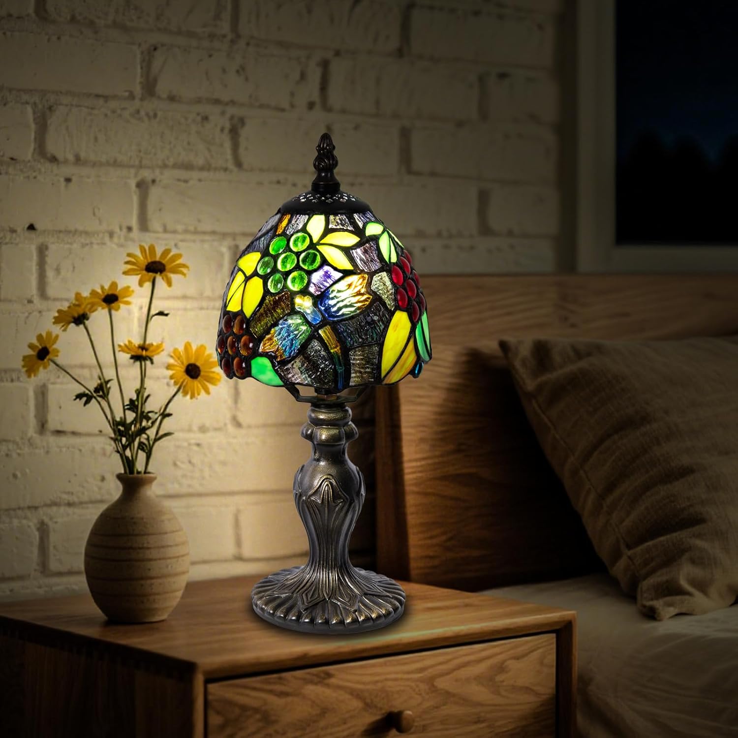 Small Stained Glass Table Lamp,6 inch Dragonfly Grape Tiffany Style 3-Color-Temperature lamp,for Bedside Living Room Office Decor Home Included LED Bulb