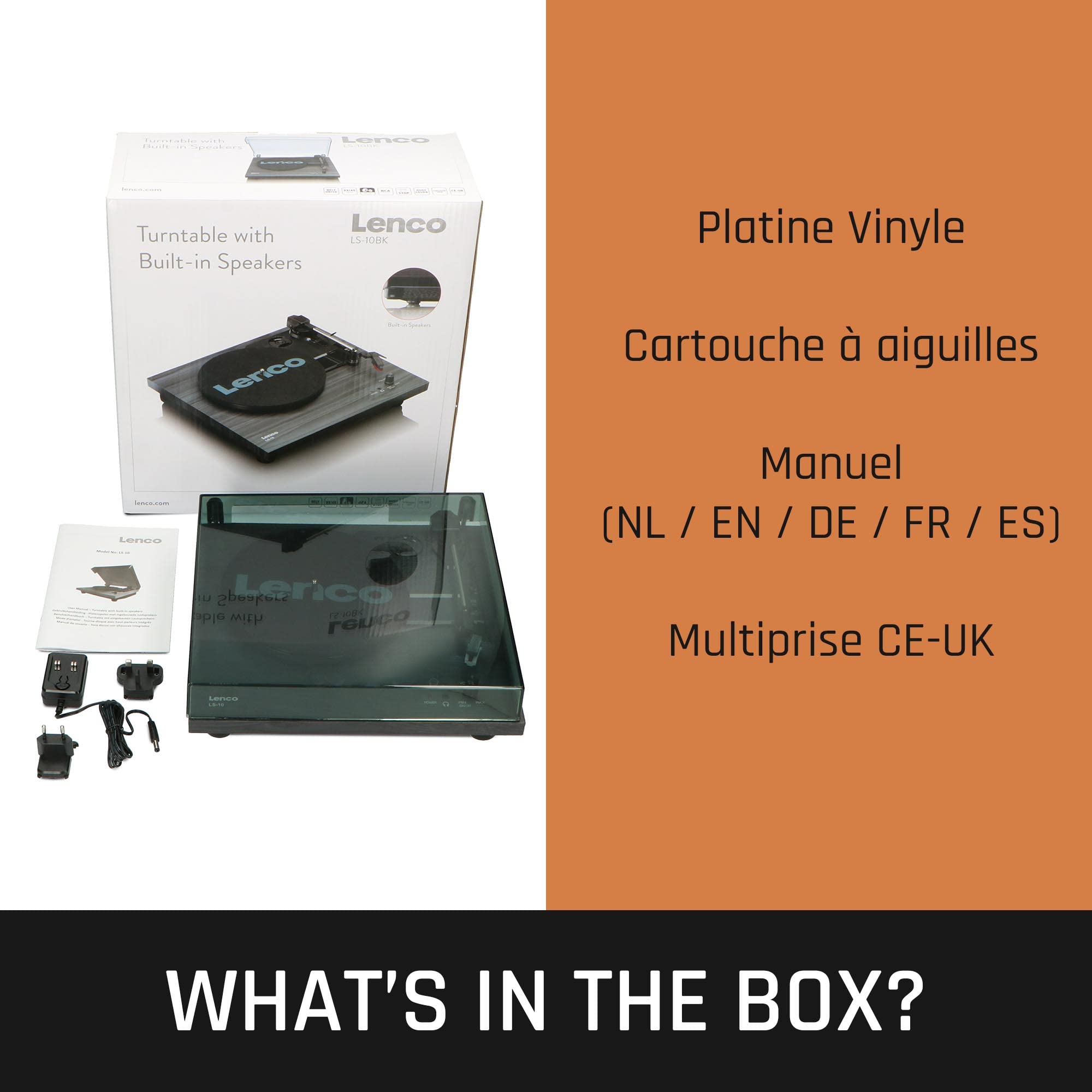 Lenco LS-10 Tourne-disque Lenco - Tourne-disque avec haut-parleurs intégrés - Entraînement par courroie - Vinyle - Vitesses 33 tours et 45 tours, Noir, 2 x 3 Watt