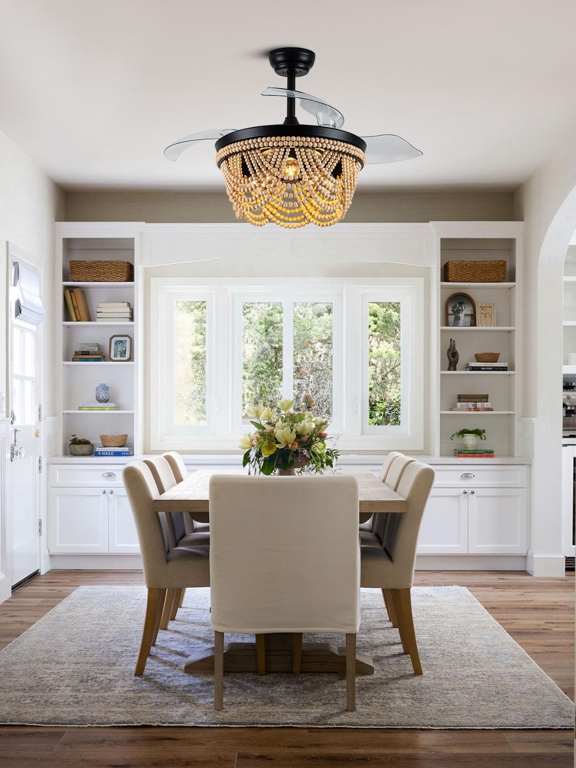 Boho Ceiling Fan with Light, Modern Ceiling Fan with 6 Speed, Wood Beads Flush Mount Ceiling Fans for Bedroom Living Dining Room Kitchen (42 inch)