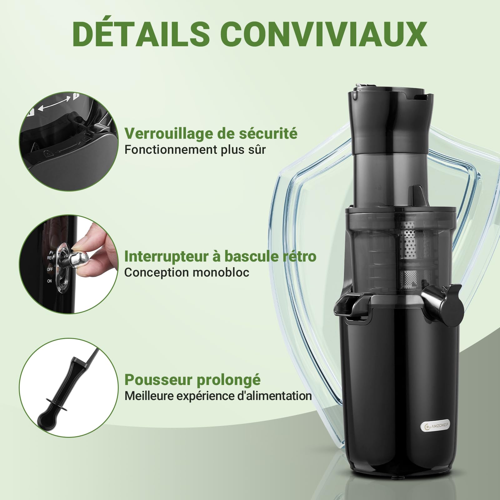 AMZCHEF Extracteur De Jus Pour Fruits Entiers 80MM - Centrifugeuse Sans BPA 200W - Avec Tarière Améliorée, Filtre Double Couche, Moteur Silencieux - Noir