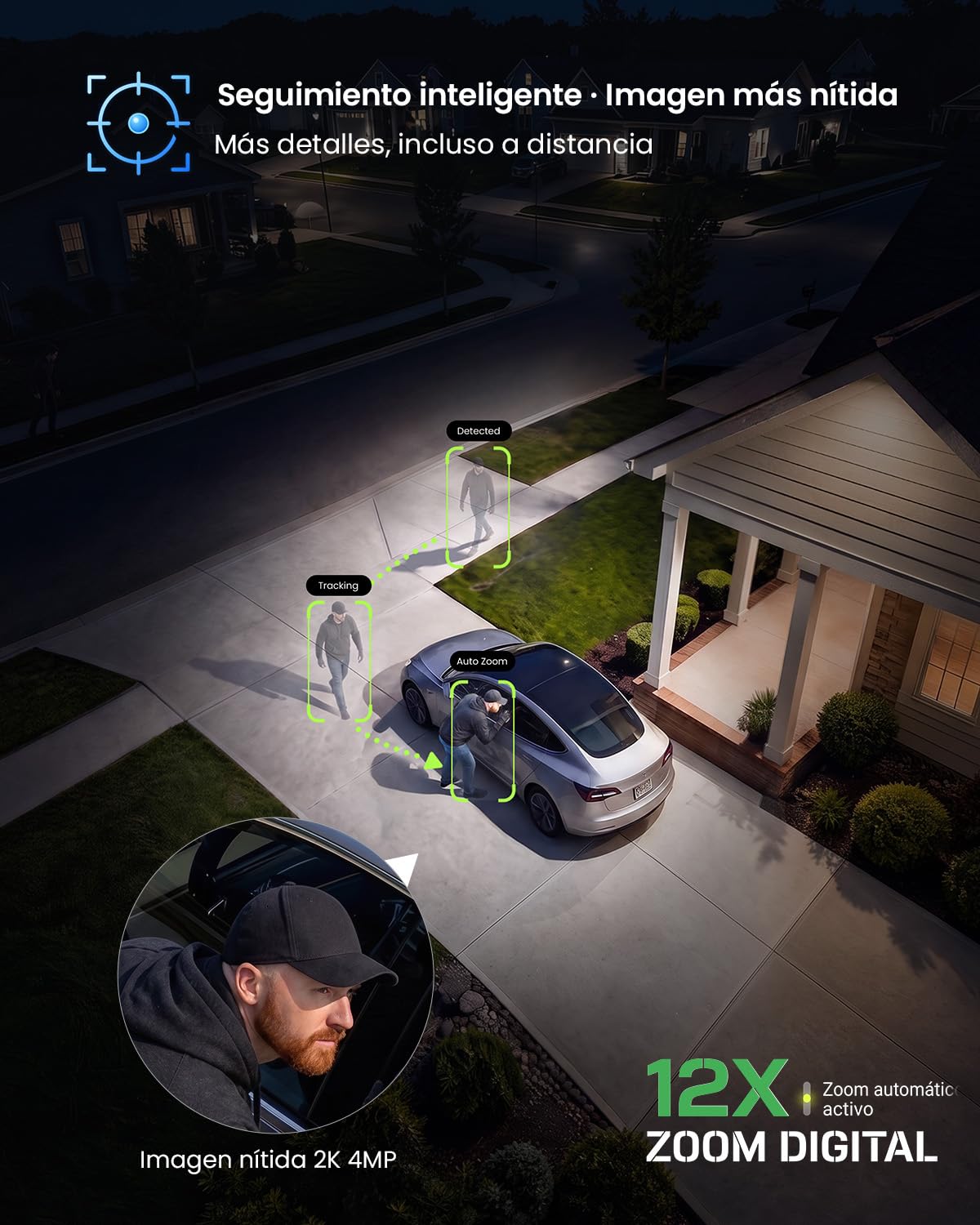 YESYAMO AOV 24/7 Grabación Continua Cámara Vigilancia WiFi Exterior 4MP | Panel Solar 9W, Batería 9000 mAh con Calefacción, Detección IA 30M, 360° Seguimiento Automático, Sin Cables para Casa, 2.4GHz